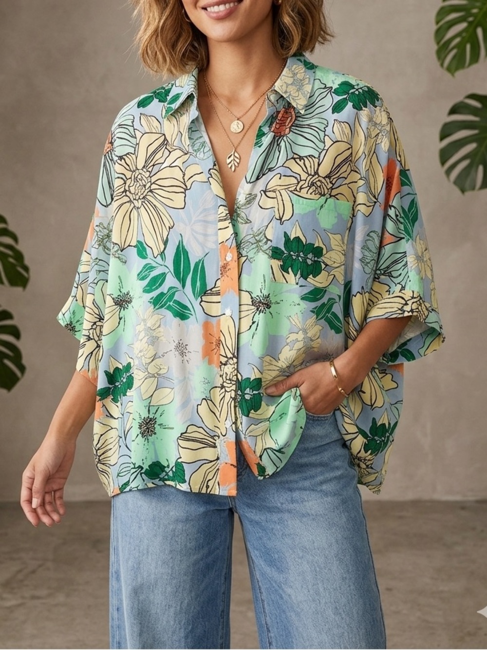 Entro Tropical Floral Print Short Sleeve Button Down Shirt Oversized Blouse🧡
